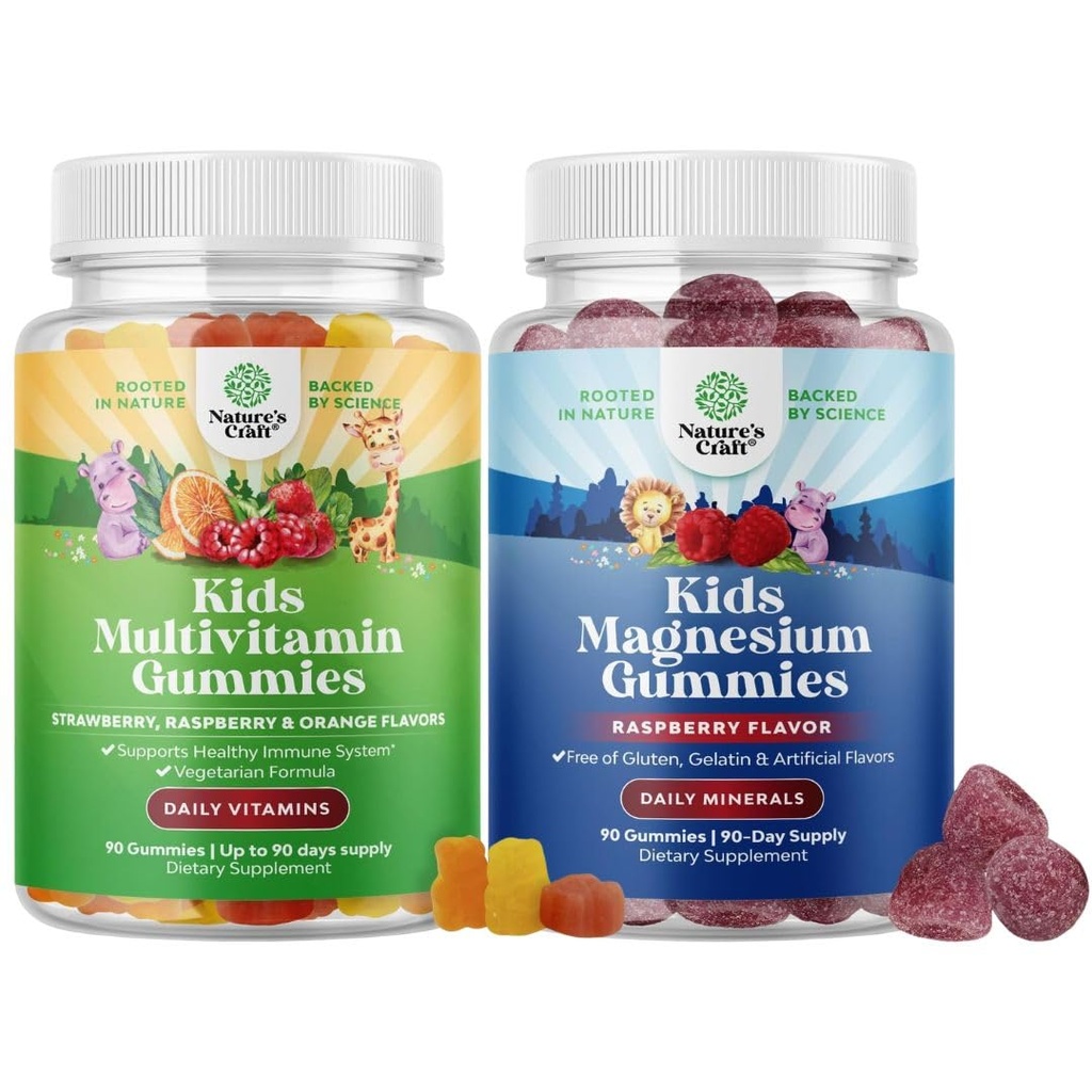 Bundle of Kids Multivitamin Gummies for Immunity Support with Vitamins A C D3 E B and Zinc and Kids Magnesium Gummies - Calm Relax Mag Citrate with Raspberry Flavor for Nerve & Heart Health