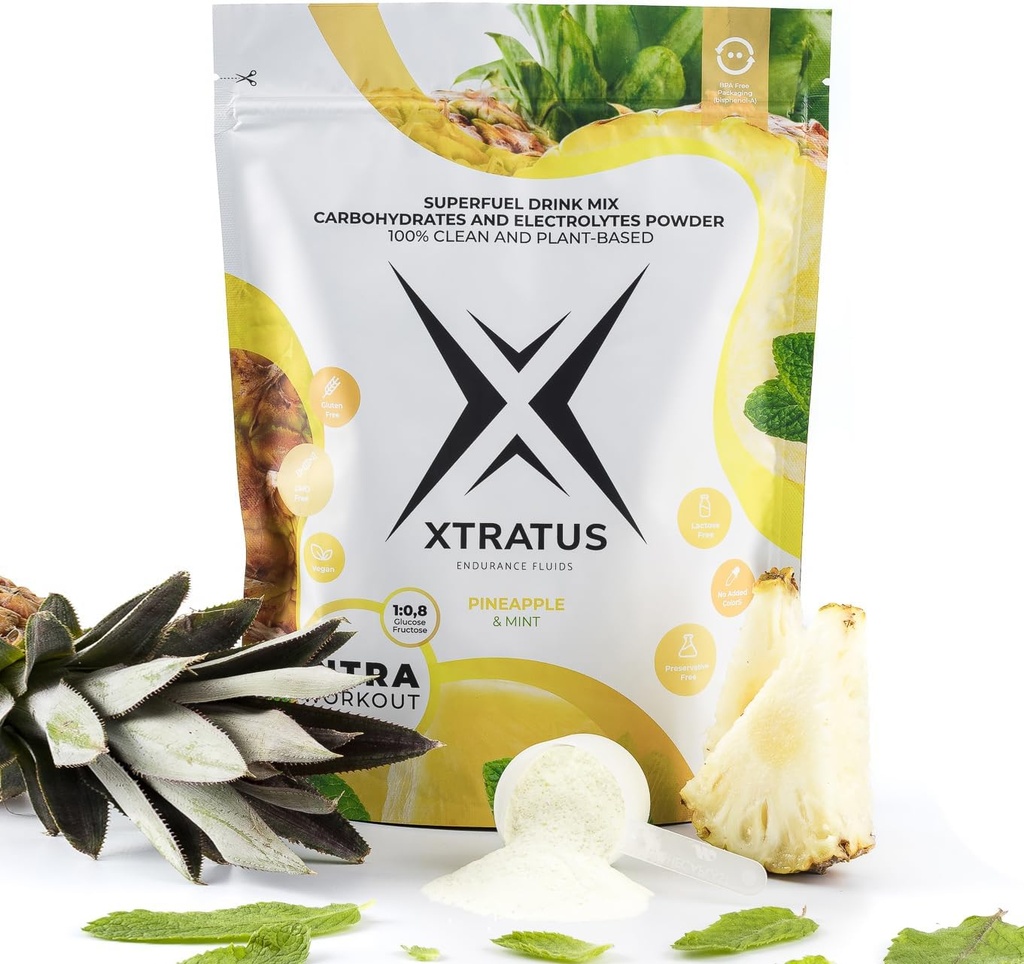 Piña y menta - Suplemento de capacitación intra con carbohidratos y electrolitos. Super Fuel Drink Mix. 1:0,8 (Glucose:Fructose). Fruta Real, Vegan - 35,27 Oz.