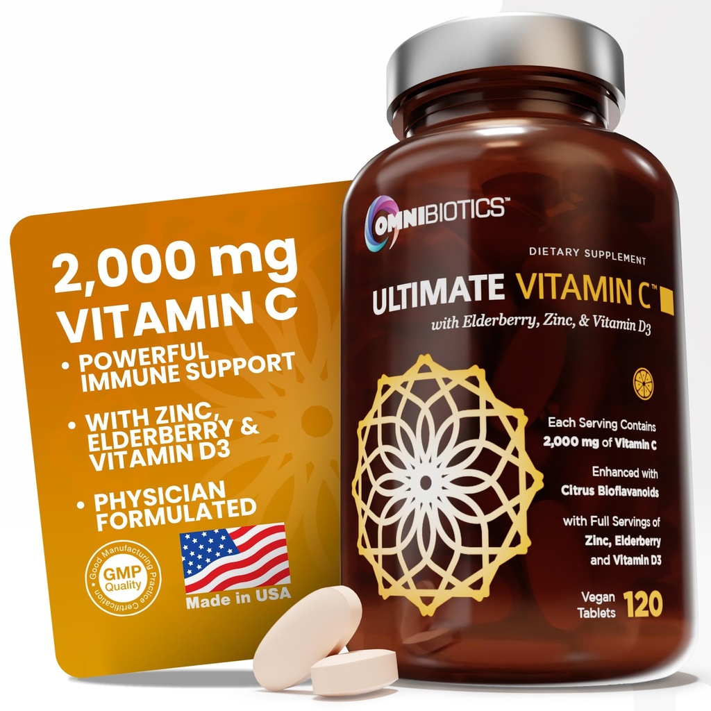 OmniBiotics Ultimate Vitamin C Suplemento 2000mg – con Zinc, Elderberry Extract y D3 – High Potency Immune Support &amp; Collagen Booster – 120 Vegan Tablets