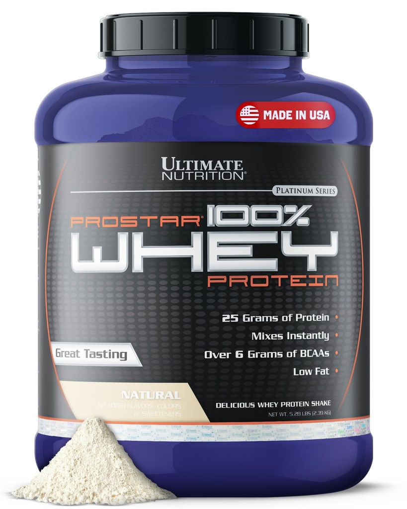 Ultimate Nutrition Prostar Whey Protein Powder Isolate, Natural - Low Carb, High Protein Powder Shake for Muscle Gain & Recuperación - Bajo Sodium, Low-Fat & Keto Friendly - 5.28 lbs Tubs