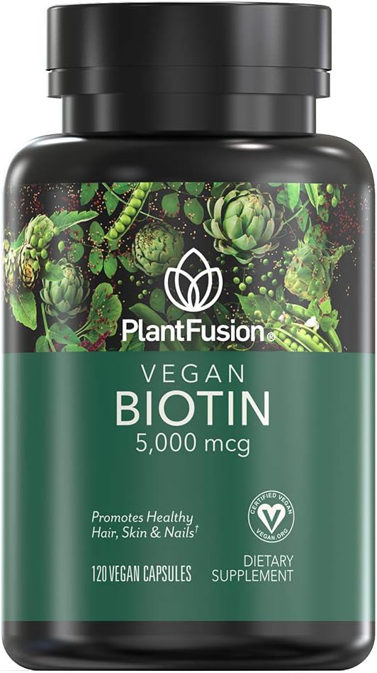 PlantFusion Vegan Biotina de, Premium Vegan Biotina para Mujeres y Hombres (5000mcg), Natural Hair Skin y uñas Vitaminas, 120 cápsulas Vegan