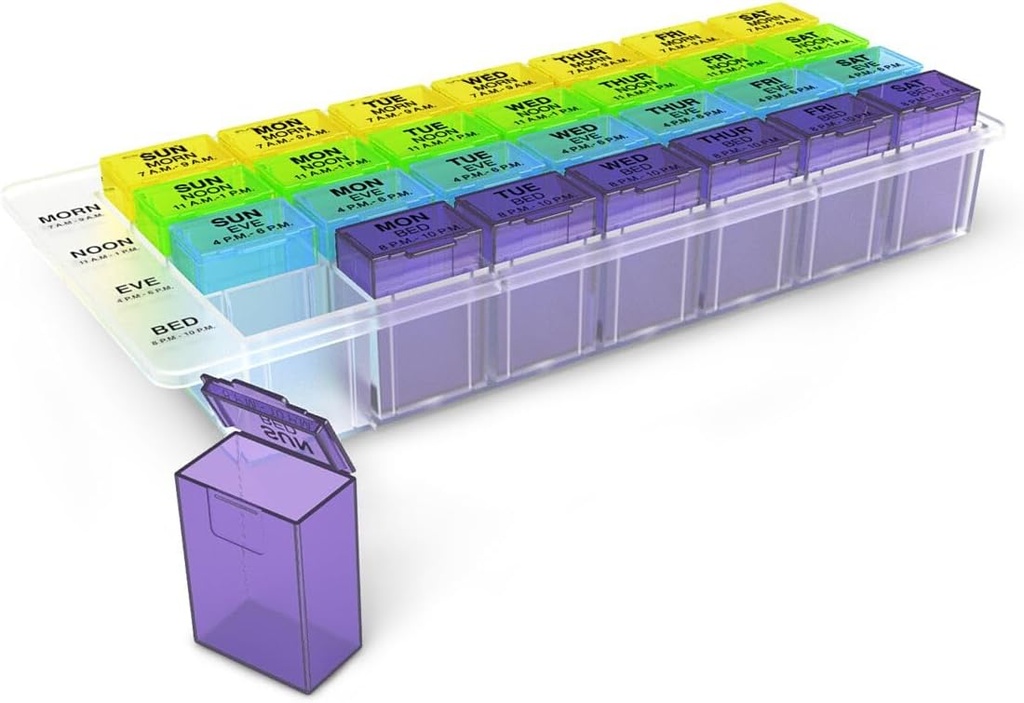 EZY DOSE Weekly (7-Day)Caso de Pill, Planificador de Medicina, Caja de organizadores de vitaminas, Compartimientos desmontables, Fácil de usar, Colores de arco iris, 4 veces al día, BPA Gratis