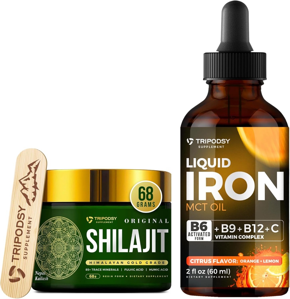 Suplemento de hierro líquido con vitaminas B6, B9, B12, C, Folate & MCT Oil (2 Fl Oz, Citrus) + Pure Himalayan Shilajit Resin 600mg para Immune Support & Energy (68g)