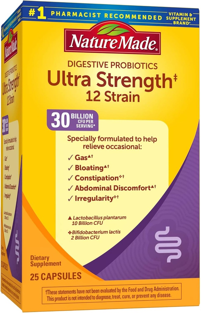 Nature Made Ultra Strength 12 Probióticos Digestivos, Probióticos para Mujeres y Hombres, 25 cápsulas probióticas, 25 días de suministro