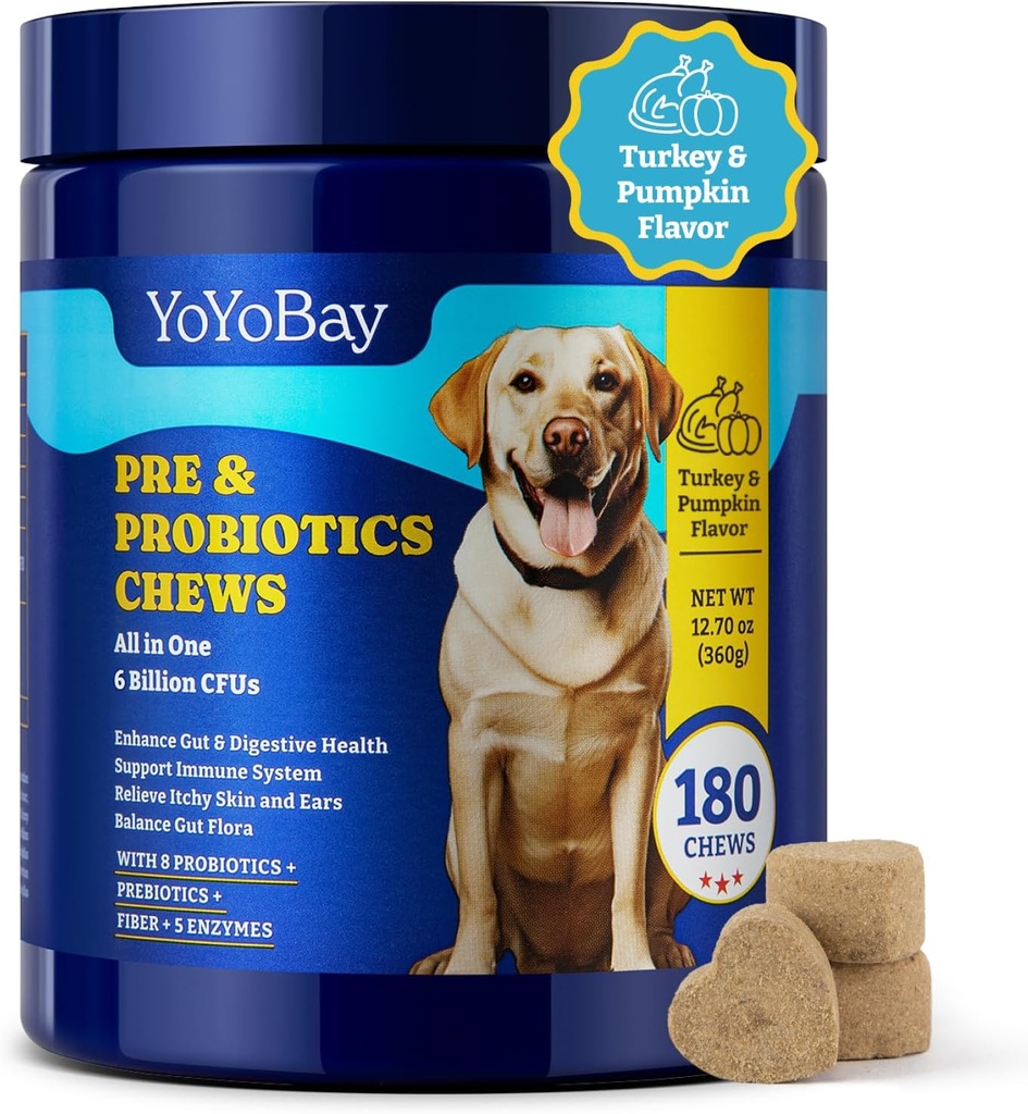 Probióticos para perros - 6 millones de UC, Probióticos para perros con prebióticos " Enzimas digestivas para Gut, Immune " Skin Health - Turquía " Flavor de calabaza, 180 cerdas suaves