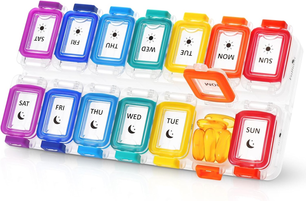 Fullicon Moisture Proof Pill Organizer 2 veces al día, gran caja de la píldora 7 días, caja de la proa de la píldora, contenedor de la píldora del viaje, organizador de la píldora de la medicina con tapas seguras, organizador diario de la píldora (Rainbow Clear)