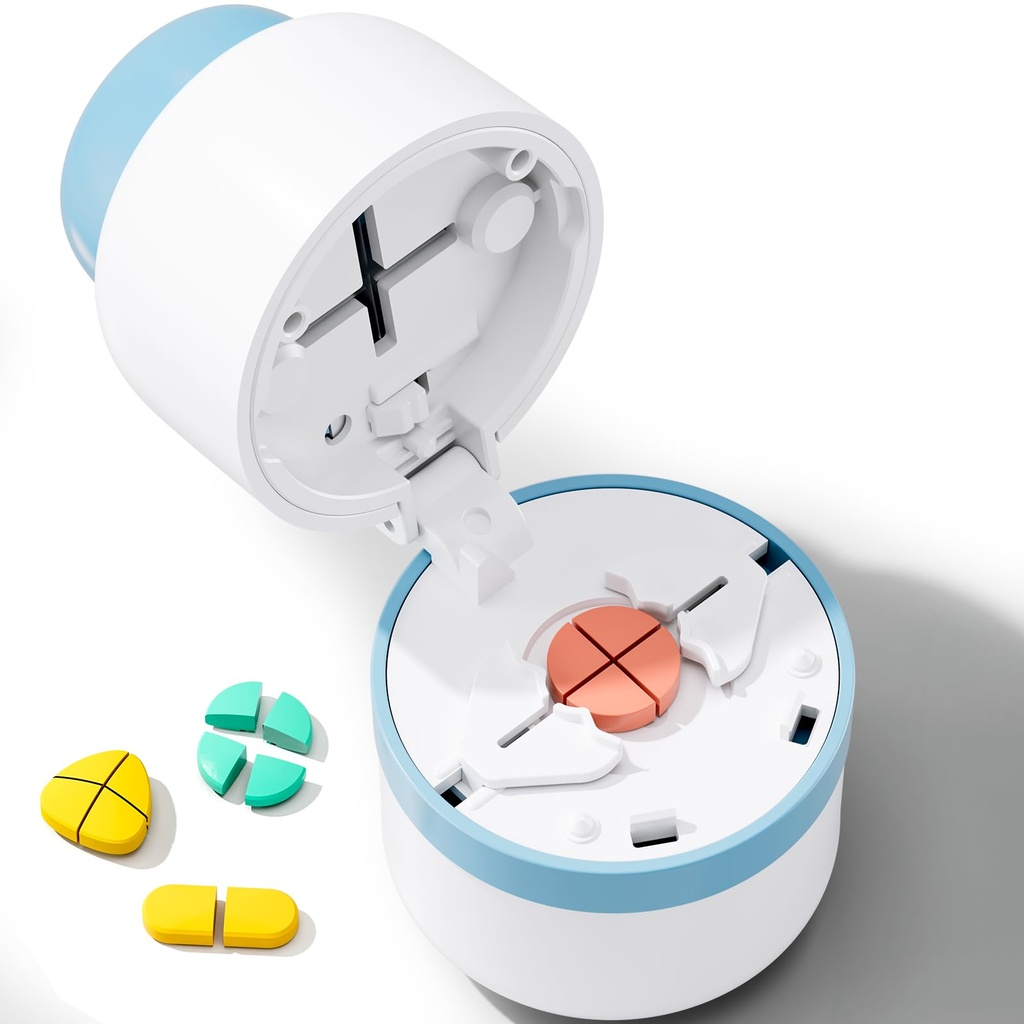 Pill Cutter - Pill Splitter con hoja de acero inoxidable para cortar pequeñas pastillas o grandes píldoras en un cuarto, Pill Cutter 1/4, Apto para cortar vitaminas, tabletas (1-4 azul)