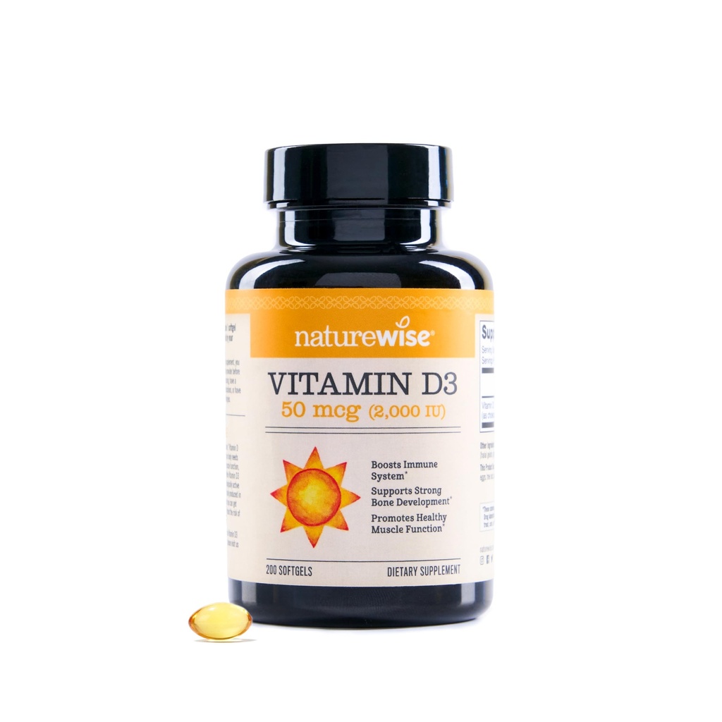 NatureWise Vitamin D3 2000iu (50 mcg) Suministro de 200 días para soporte inmunitario, función muscular saludable y salud ósea - no GMO, sin gluten en aceite de oliva virgen extra orgánico, (Mini Softgel), 200 Conde