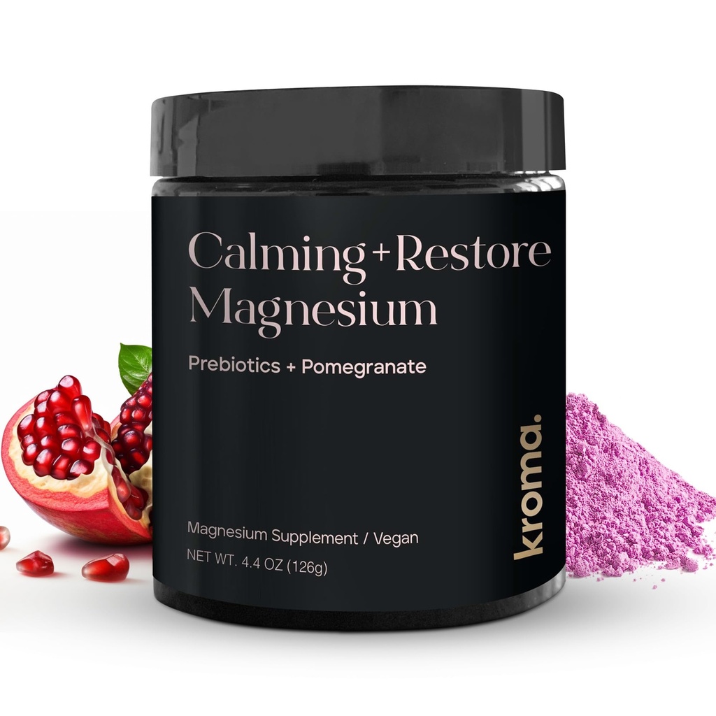 Kroma Calming + Restaurar Magnesium Powder – Magnesium Citrate con L-Theanine para la relajación, Sleep Cycle &amp; Digestive Support – Muscle Recovery Suplemento – Pomegranate Flavor – 4.4 oz, 30 Servings