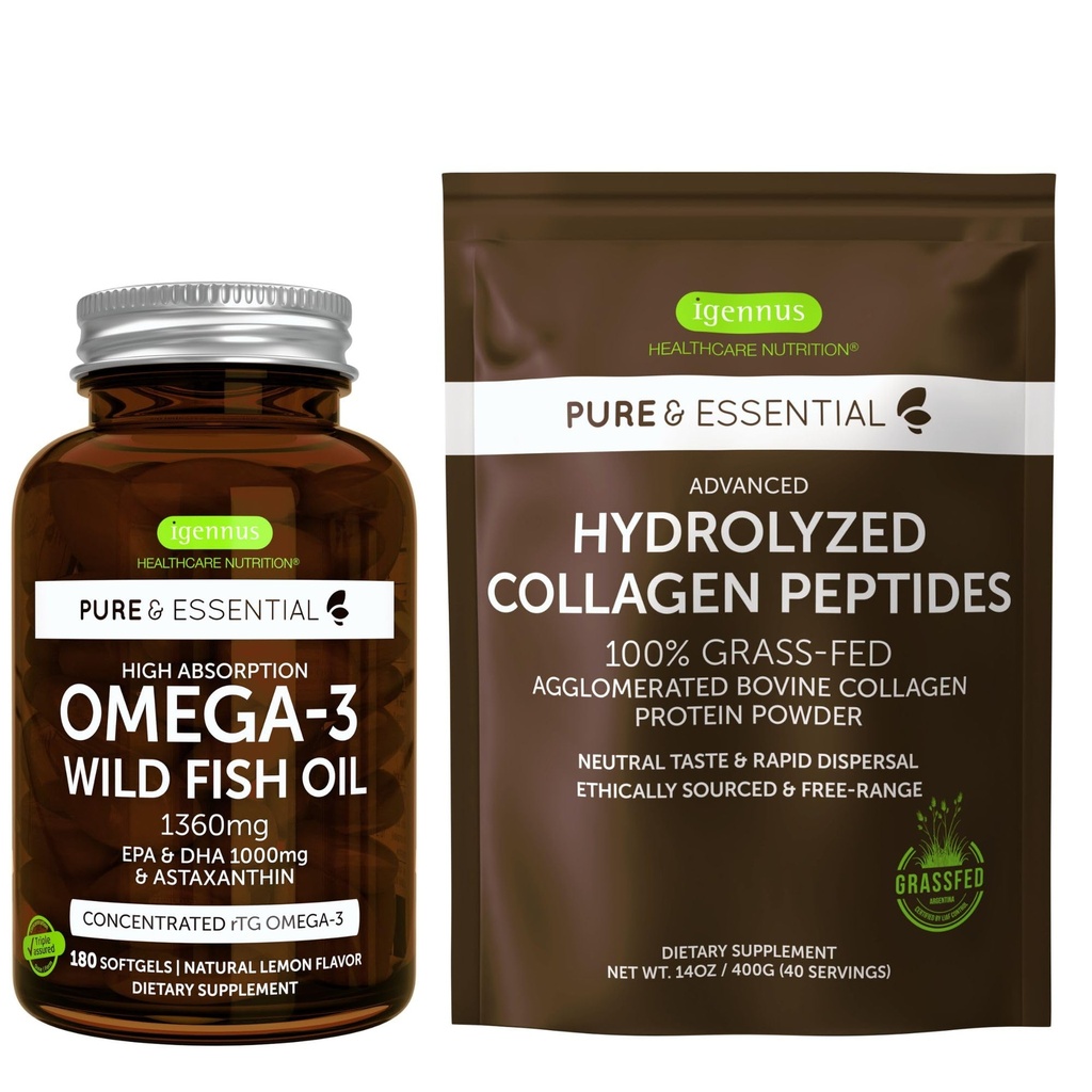 Alta Absorción Omega-3 Aceite de pescado silvestre 1360mg &amp; Avanzado Colágeno Péptidos de Hidrolyzed Bundle, 1000mg EPA & DHA con Astaxanthin & 100% Gras Fed Bovine Collagen Protein Powder, por Igennus