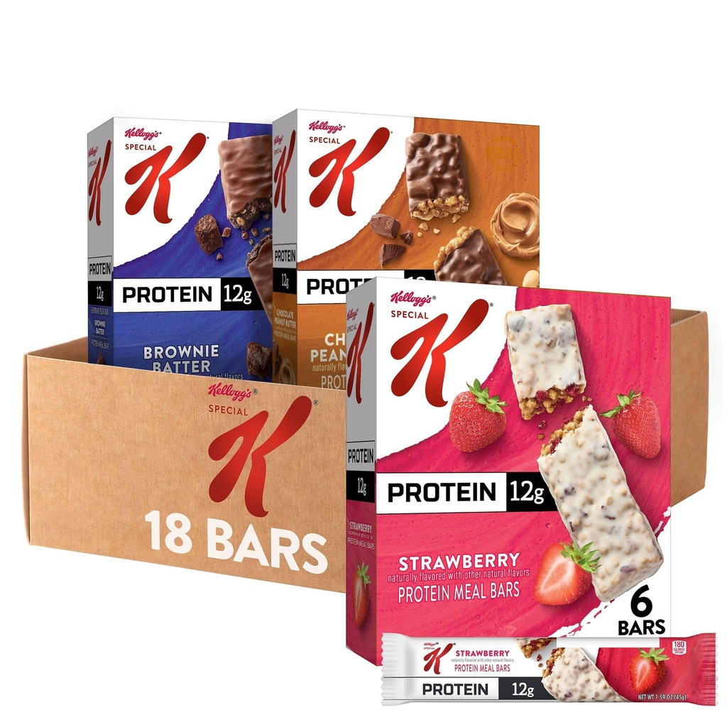 Bar de proteína especial K Bar Protein Meal Bar, Reemplazo de Comida, Snacks de Proteína Bulk, Variety Pack (3 Cajas, 18 Cuenta)
