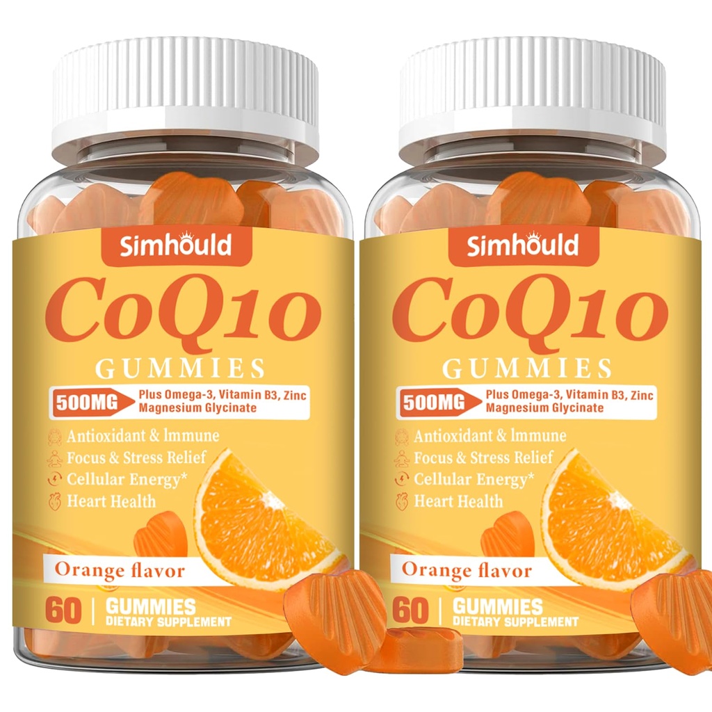 2 Pack CoQ10 500MG Gummies - Plus Omega-3, Magnesio, Vitamina B3 & Zinc - 3X Mejor Absorción Coenzima Q10 Suplementos para la Salud del Corazón, Energía Celular & Antioxidante, No GMO 120 Cuentas