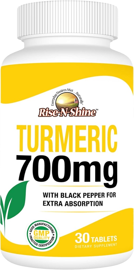 Rise-N-Shine 700 mg de Curcumina Turmérica con Pepper Negro - Suplementos herbales para la piel y soporte conjunto - 30 días de suministro