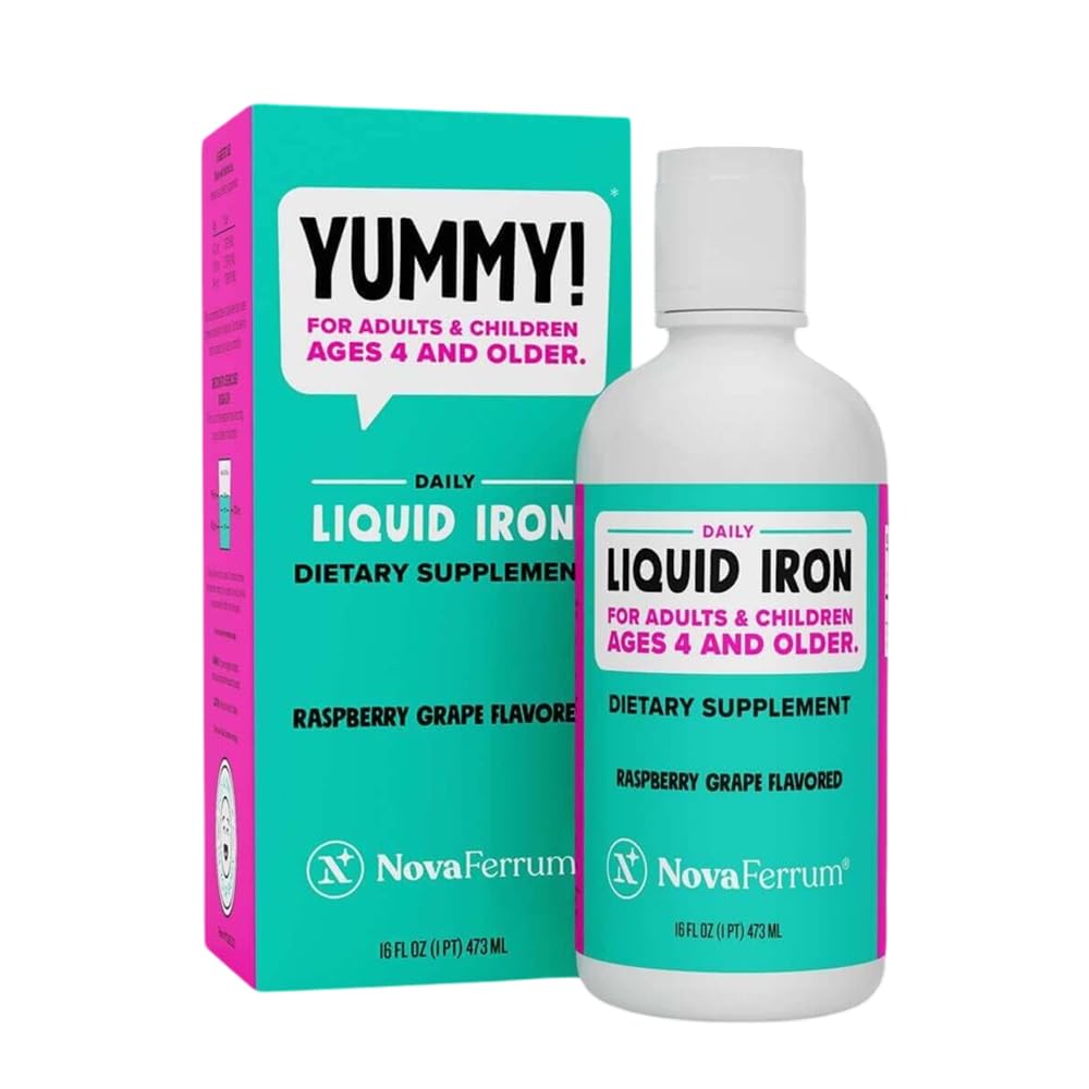 NovaFerrum Yummy 16 Fl Oz ANTE Líquido Suplemento de Hierro para las edades 4 &amp; Hasta 18mg de Iron/Tbsp ANTE Gluten Gratis ← Sugar-Free TEN Raspberry Grape
