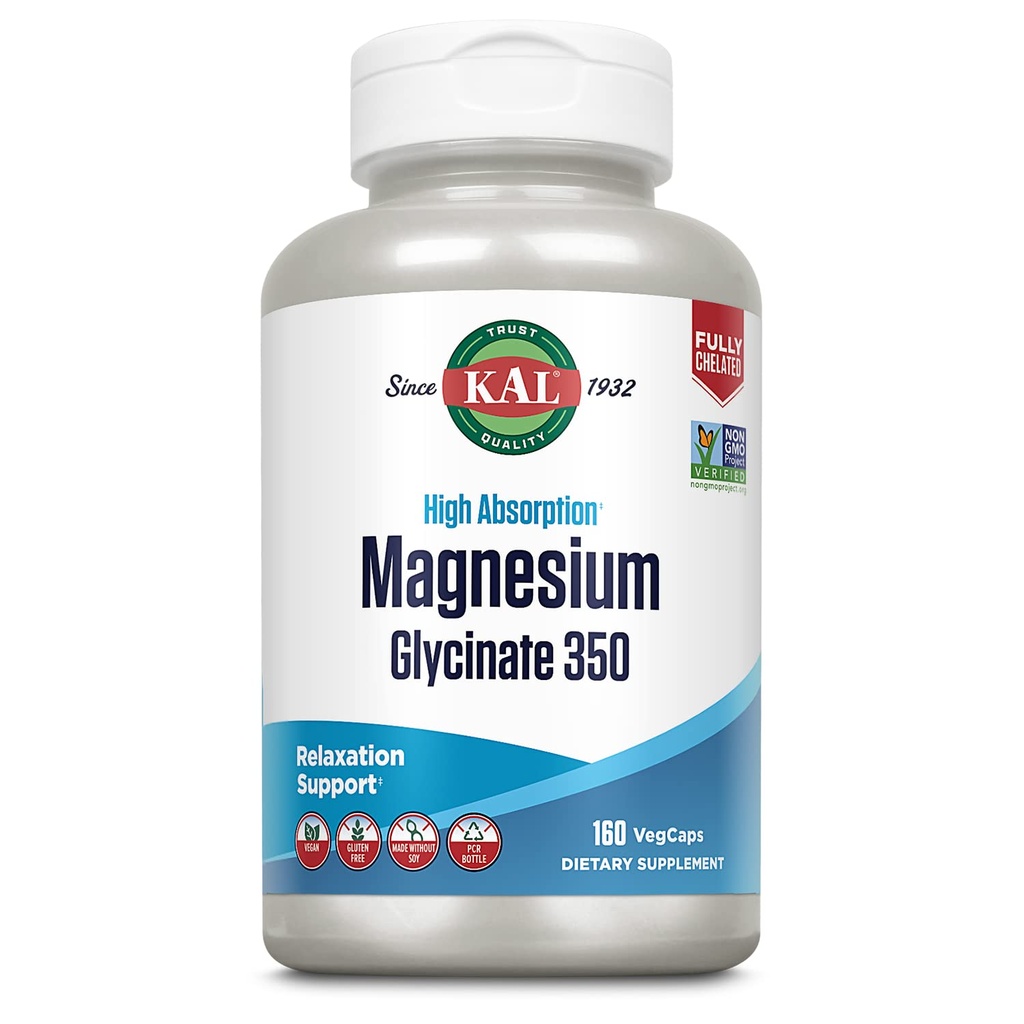 KAL Magnesium Glycinate Capsules, Fully Chelated Magnesium Bisglycinate, High Absorption Magnesium Supplement, Healthy Bones, Muscle, Relax and Stress Support, Non-GMO 160 count