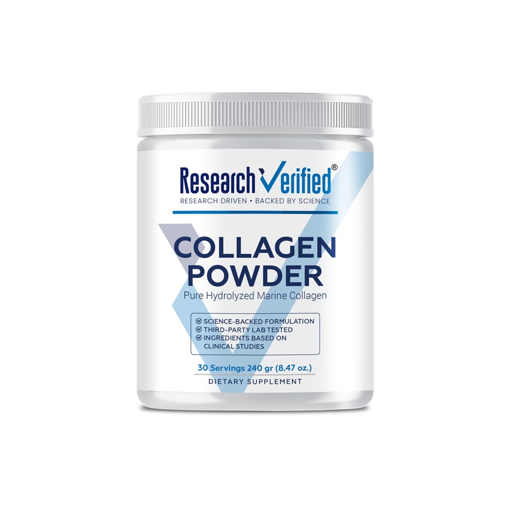 Investigación Verified® Collagen Powder - Collagen marino hidrolizado - Sin sabor - Hidratación de la piel y elasticidad, recuperación del músculo, no GMO - 30 Scoops Por contenedor - 1 mes de suministro