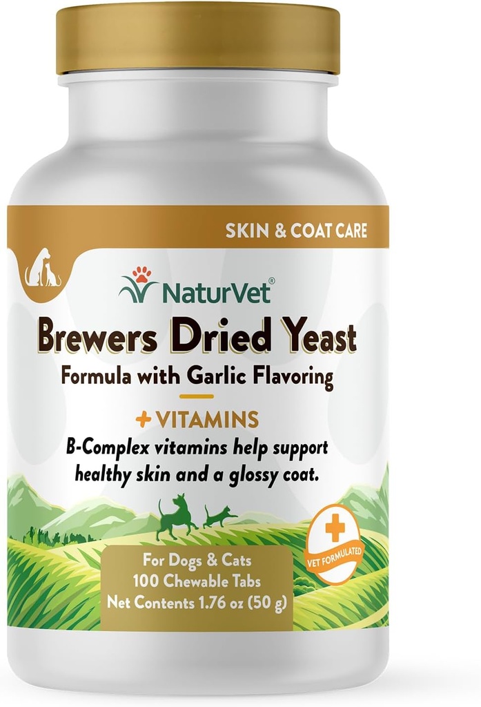 NaturVet Brewers Levadura seca Fórmula con sabor a ajo Más vitaminas para perros y gatos, Tabletas Chewable, Hecho en los EE.UU. con ingredientes de origen global 100 cuentan