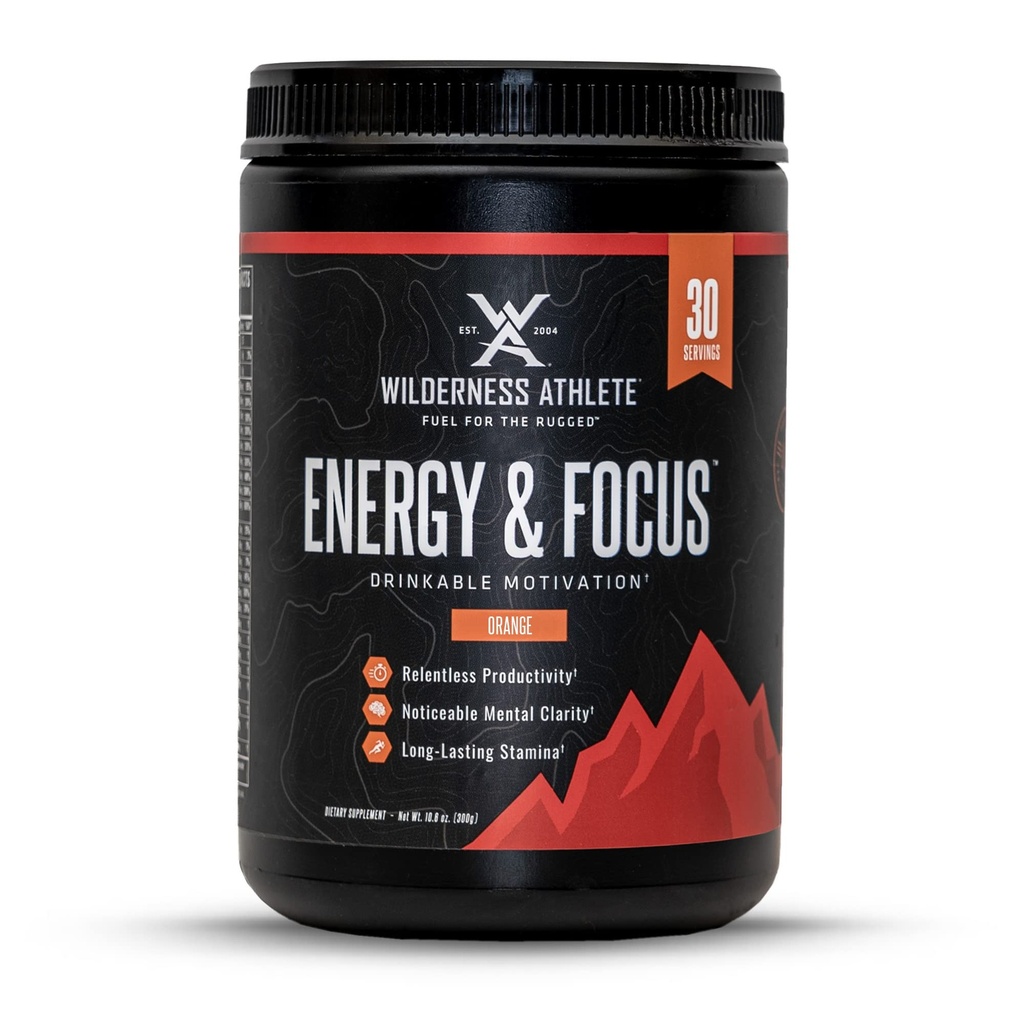 Wilderness Athlete - Energía > Enfórmese en Energía Pre Workout para Mujeres y Hombres - Energy Powder Drink Mix with Natural Caffeine - Low-Carb, Zero Sugar, No Crash Workout Powder - 30 Serving Tub (Orange)