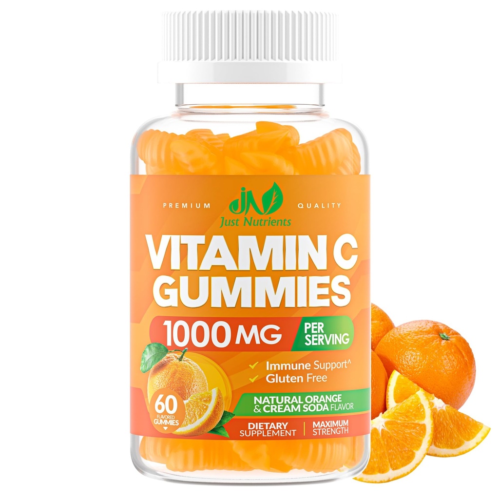 Vitamina C Gummies 1000mg para Adultos &amp; Niños – Multivitamina Chewable con zinc para sistema inmunitario &amp; Collagen Soporte para la piel – sabor a naranja – Gluten Gratis, No GMO, Vegetariano – 60 Gummies