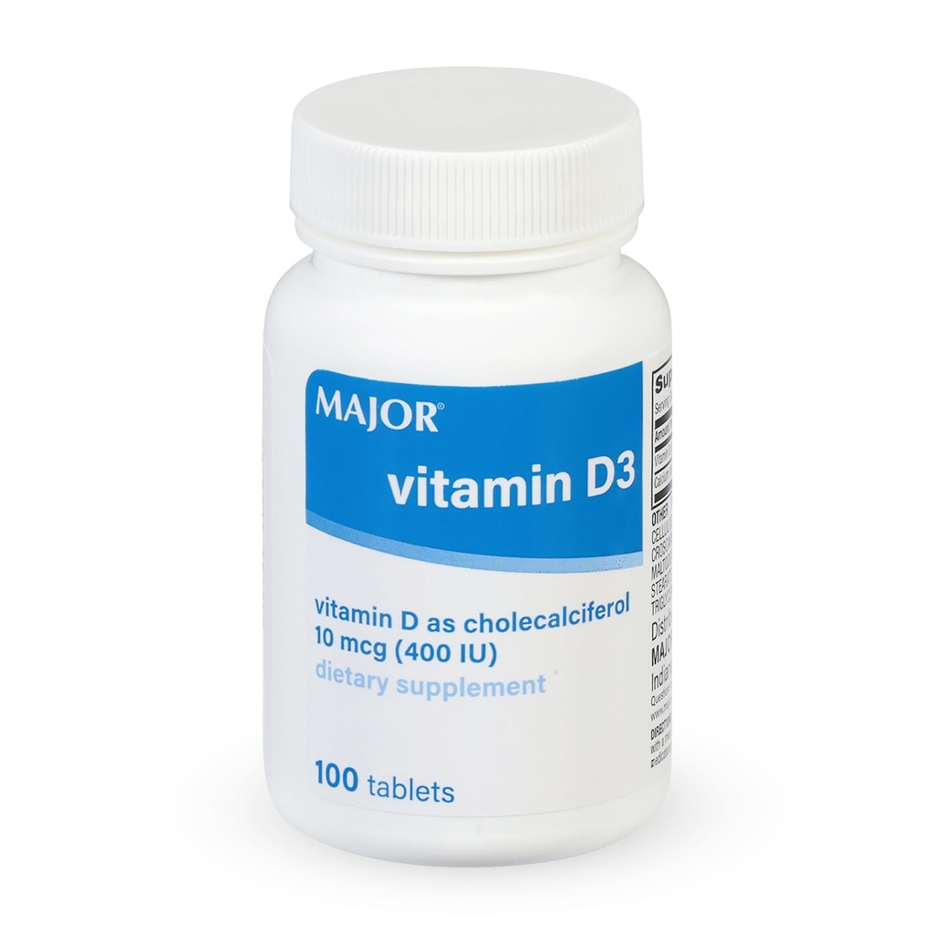 MAJOR Vitamina D3 10mcg (400 UI) - Contiene 25 mg de calcio - Suplemento dietético - 100 Tabletas (1 Pack)