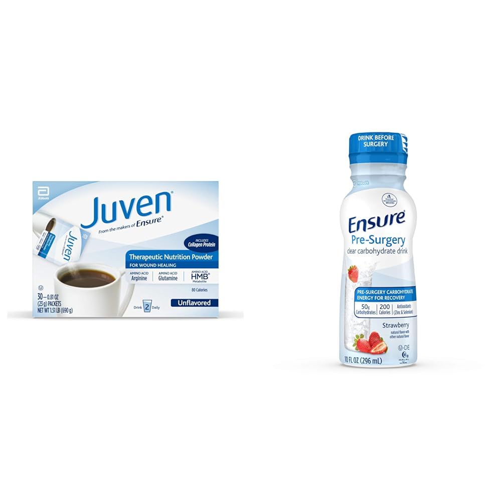 Juven Therapeutic Nutrition Drink Mix Powder for Wound Healing Support, Includes Collagen Protein, Unflavored, 30 Count " Ensure Pre-Surgery, Clear Carbohydrate Drink, Strawberry, 10 Fl Oz (Pack of 4)