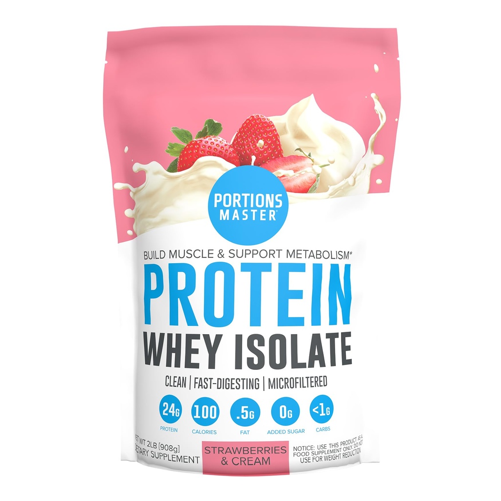 Porciones Master CFM Whey Isolate Protein Powder, 2 LB, 23g Low Carb, Low Fat, Cold-Processed, Fast Absorbing, Muscle Growth & Recovery Support (Strawberries & Cream)