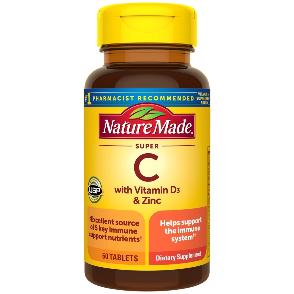 Nature Made Super C, Vitamina C y Zinc con Vitamina D3, Suplemento dietético para Soporte Inmunitario, 60 Tablets, 60 Day Supply
