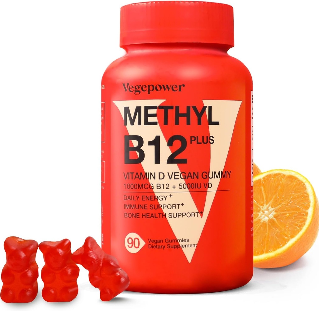 Vitamina B12 D3 Gummies Vegan - 90 Conde I 1000 MCG Metil B12 & 5000 UI Vitamina D Gummy Suplementos Chewable para Adultos & Niños - Immune Health & Daily Energy Boost - Non-GMO, Orange