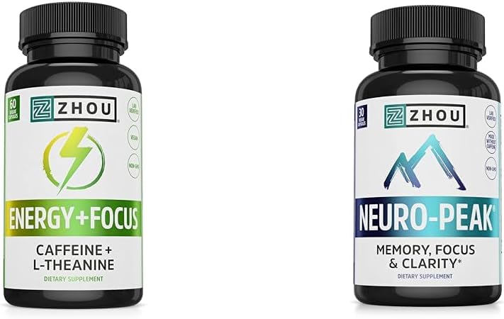 Zhou Caffeine 100mg L-Theanine 200mg Nootropic 60 Capsules y Neuro Peak Brain Support DMAE Bacopa 30 cápsulas