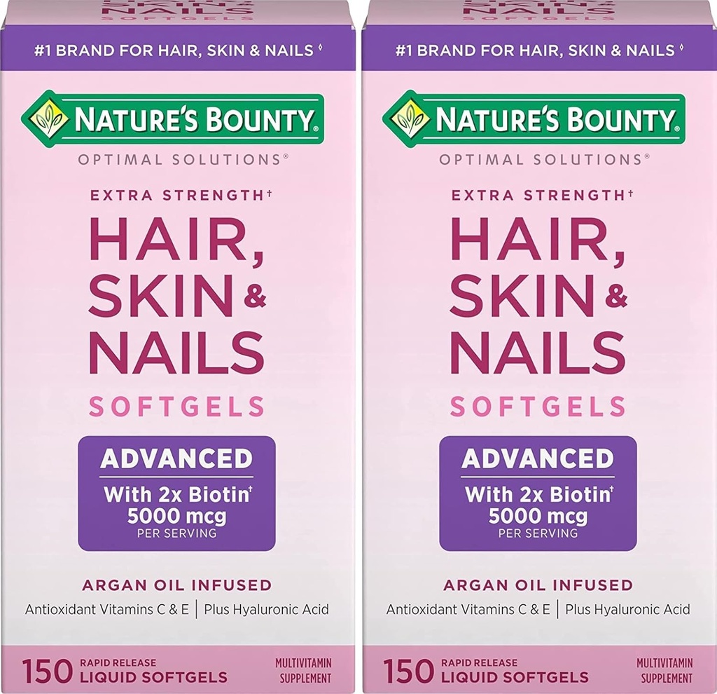 El cabello rebotado de la naturaleza, la piel y las uñas de liberación rápida Softgels, suplemento de vitamina infundida de Argan con ácido biotin e hialurónico, soporta el cabello, la piel y la salud de uñas para las mujeres, 150 cuenta (Pack de 2)