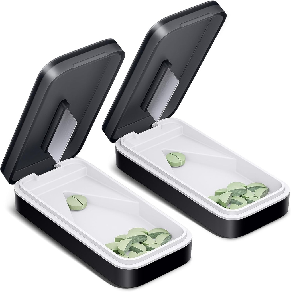 ONE PIX Pill Cutter 2 Pack, Pill Splitter con cuchilla de acero inoxidable, Pill Cutter Splitter para pequeñas y pequeñas pilas con diseño V-Shaped, cortapilas para pequeñas o grandes pastillas profesionales (Black 01)