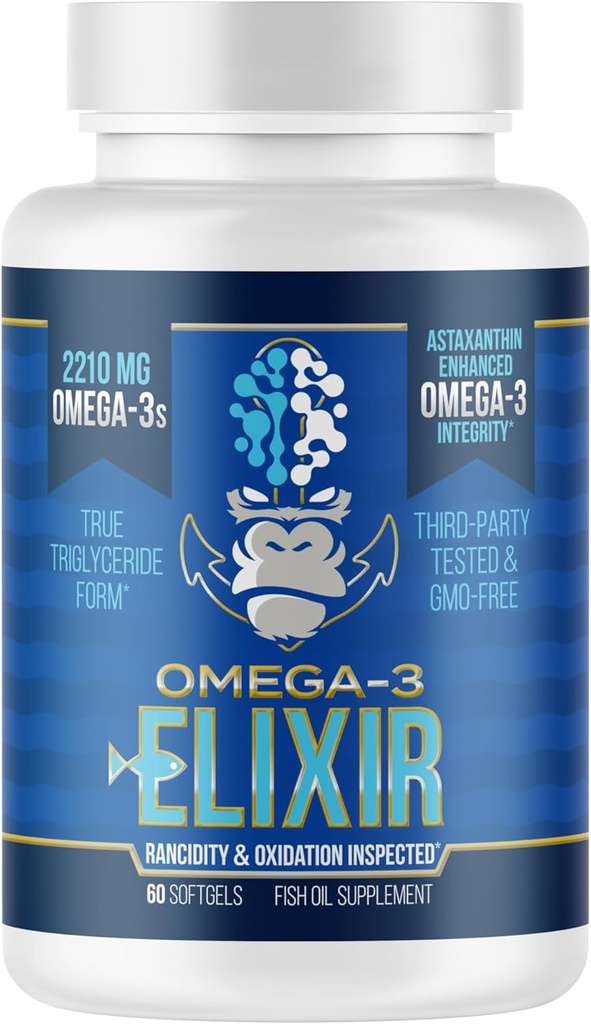 Gorilla Mind Omega-3 ElixirTM ← 2210mg Fish Oil Re-Esterified Triglyceride Form TEN EPA, DHA + 2 Fatty Acids ← Astaxanthin Infusion for Bolstered Integrity TEN 3rd Party ' Rancidity Tested ← 60 Softgels