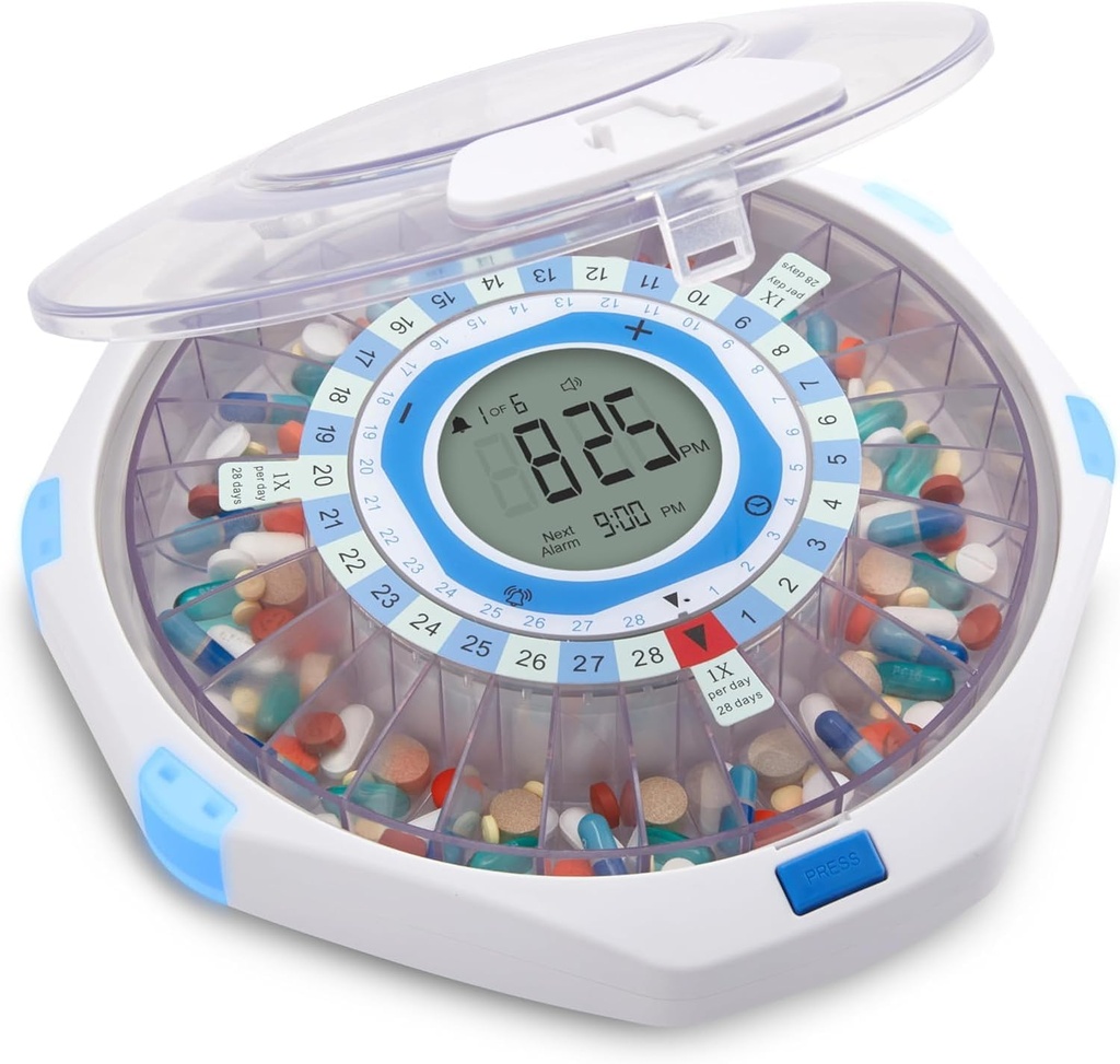LiveFine WiFi Automatic Dispenser y Remote Medication Monitoring System with Locking Key, 28-Day Medication Organizer Up To 9 Doses Per, Adjustable Light/Sound Alarms For Prescriptions &amp; Vitami