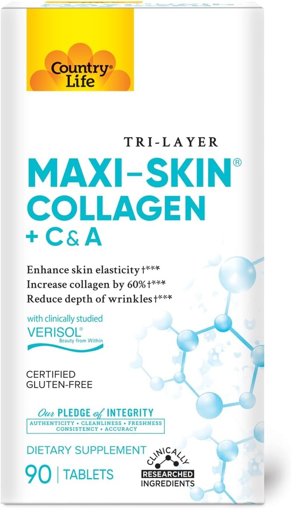 Country Life Verisol Collagen Peptides Tablets - Reducir la profundidad de W[KB2] rinkles ' Enhance Elasticidad de la piel-90 Tablas-Incluye Vitamina A C - Colagen Powder para Hombres de la Esquí - Boost Collagen en 60%