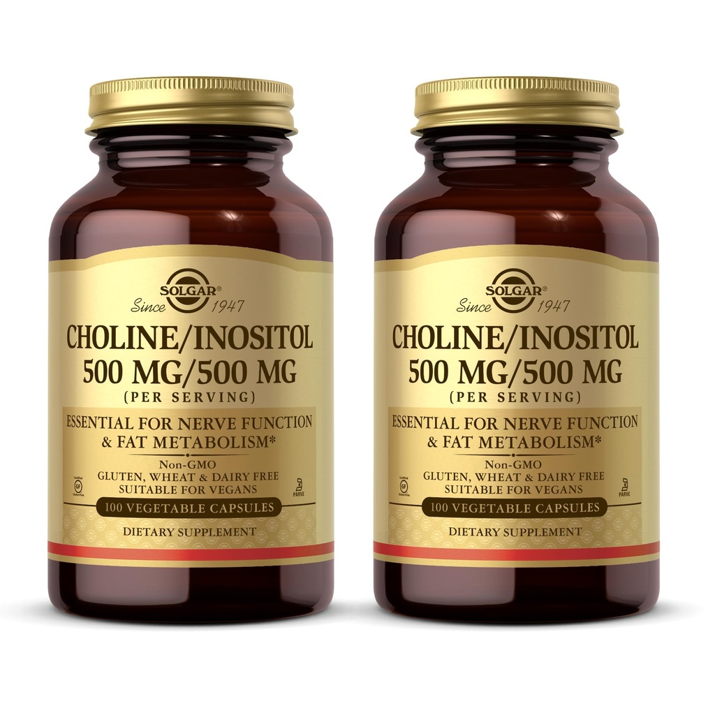 Solgar Choline/Inositol 500 mg/500 mg, 100 cápsulas vegetales (Pack of 2) - Metabolismo energético, salud del hígado, esencial para la función del cerebro " Nerve - No GMO, Vegan, Kosher - 100 servicios totales