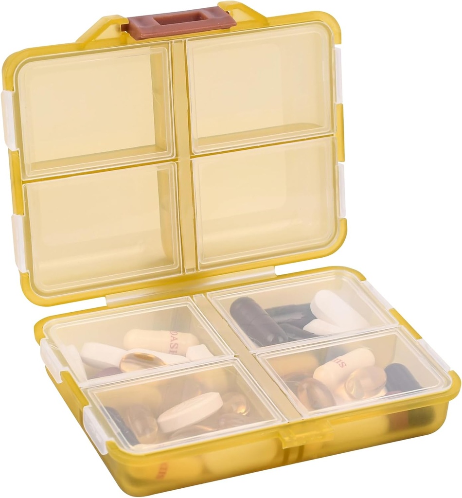 Organizador de píldoras de viaje pequeños 8 compartimentos de presión Caja de tenedor de píldoras - Portable Medicine Container Case - Daily Weekly Medication Organizer