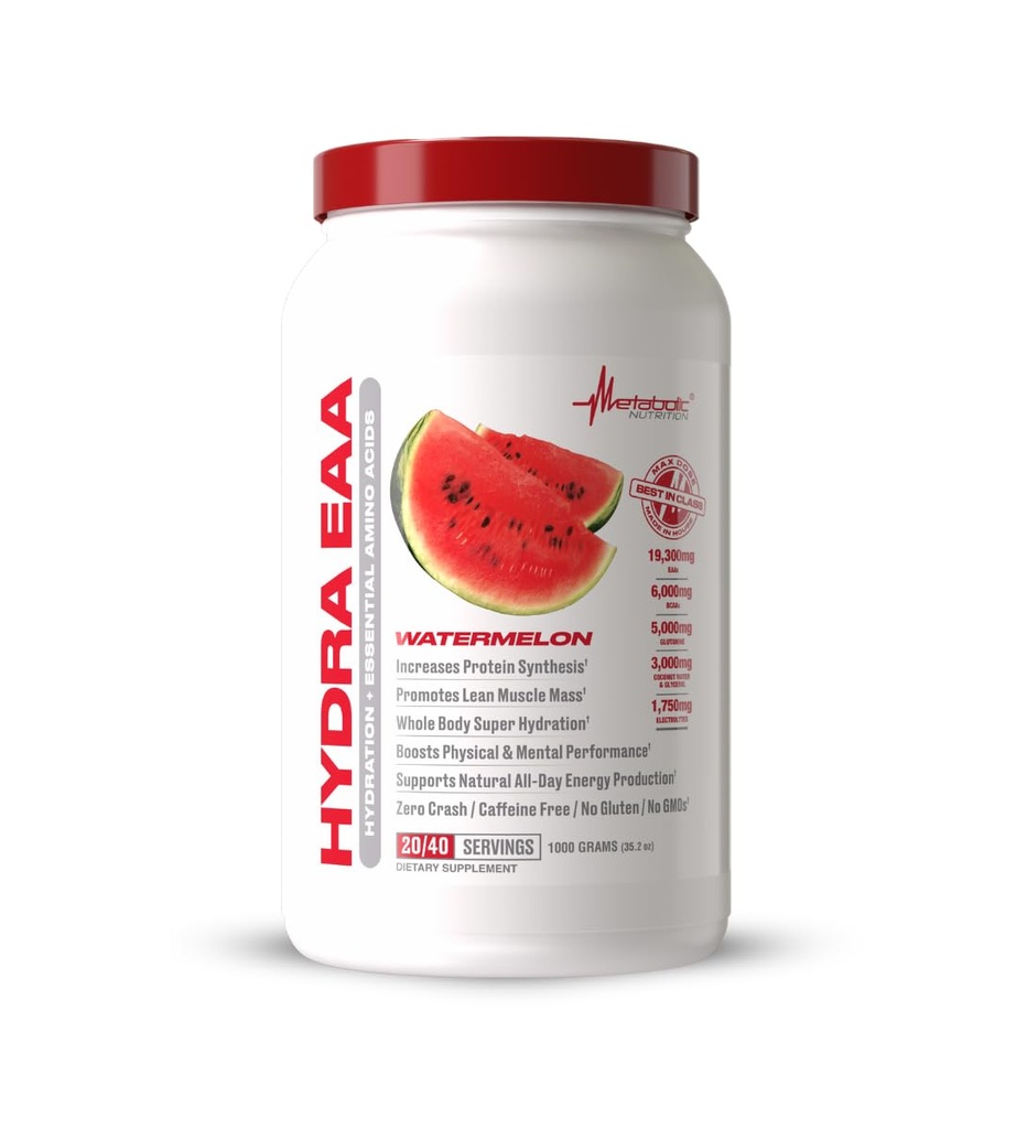 Nutrición metabólica Hydra EAA, 1000g de ácidos esenciales + hidratación, EAAs, BCAAs, Glutamina, Electorlytes, Agua de coco " Glicerol, Sabores Increíbles (Watermelon, 1000g)