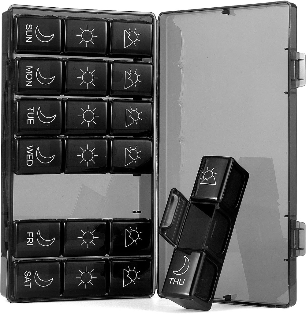 Organizador semanal de píldoras 7 días 3 veces, organizador de píldoras portátiles, caja de píldoras gratuitas de BPA, recordatorio de caja de píldoras diarias de viajes, organizador de medicamentos para vitaminas, suplementos (negro1)