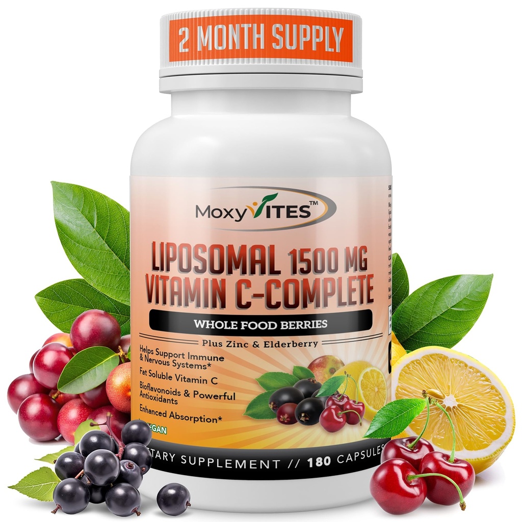 Vitamina Liposómica C con cápsulas de zinc - Vit C Elderberry orgánica, Amla, Camu Camu- Vitamina C alta absorción, Anti envejecimiento, Immune Support,1500mg/Serving 3 meses de suministro Gluten libre NON GMO Veggie Caps