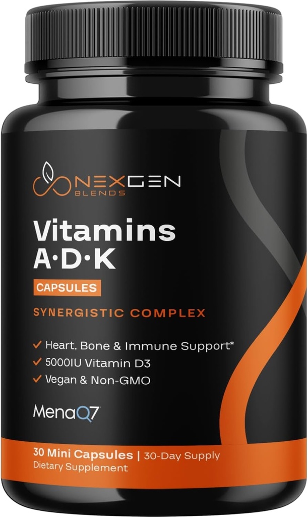 High Absorption ADK Vitamin Supplement - Vegan Vitamin D3 K2 MK7 &amp; A for Calcium Regulation Plus Bone Heart Thyroid &amp; Immune Support - Vitamina ADK con 5000IU D3 Non GMO & Gluten Free (1 Meses)