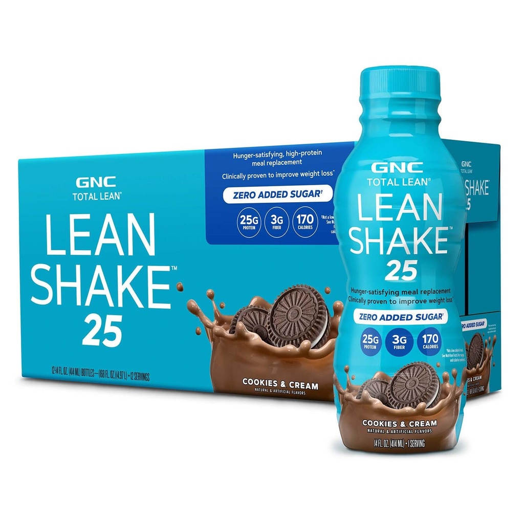 GNC Lean Shake 25 Protein Shake, Gestión de peso clínicamente probada, reemplazo de comida, 25g Proteína con azúcar cero añadido, listo para beber, cookies y crema, paquete de 12