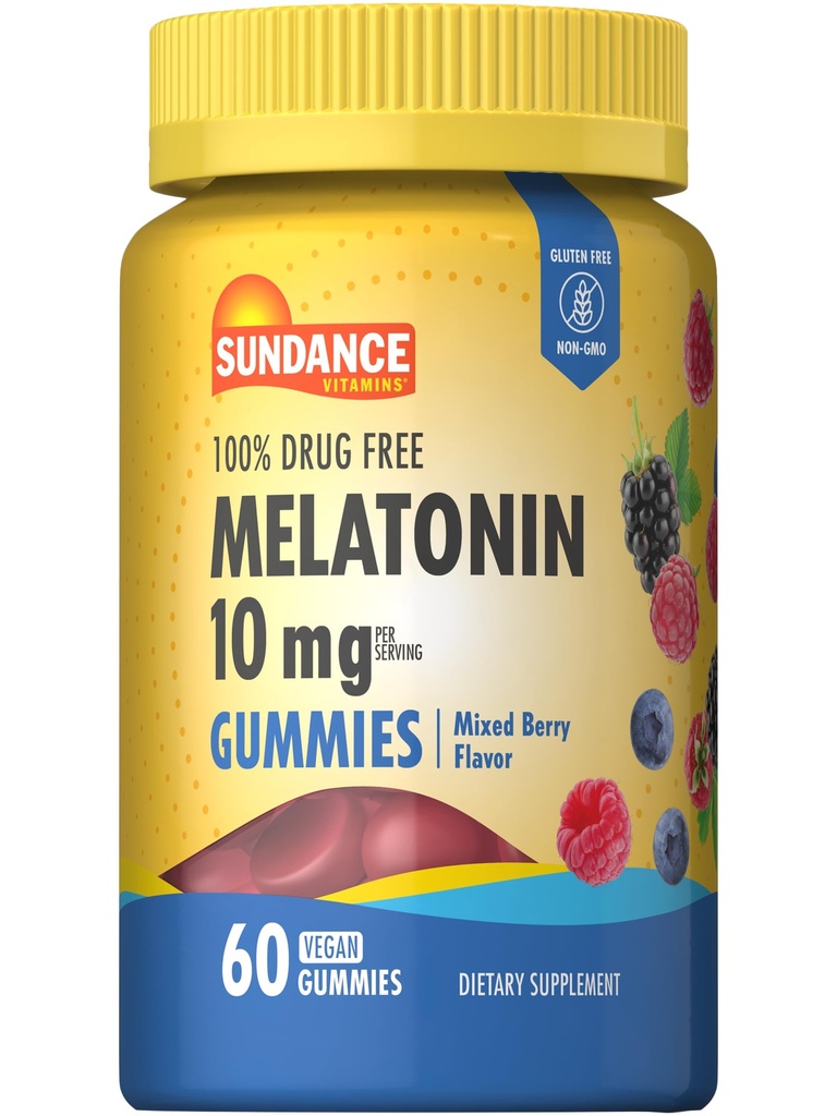 Sundance Melatonin 10mg Gummies for Adults ← 60 Conde ← Mixed Berry Flavor ← Vegan, Non-GMO, y Gluten Free Supplement