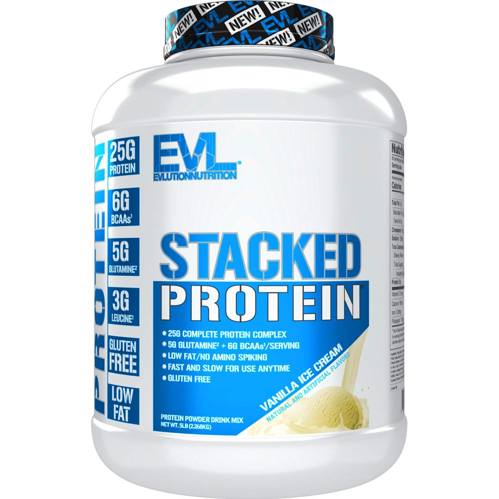 Evlution Nutrition Stacked Protein Protein Powder con 25 Gramos de Proteína, 6 Gramos de BCAAs y 5g de Glutamina (Vanilla Ice Cream, 5 LB)