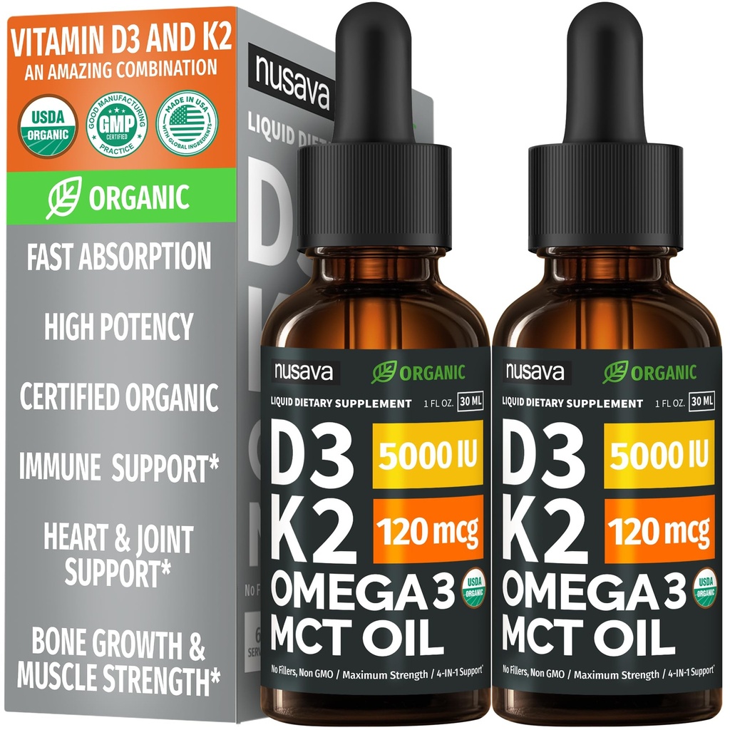 (2 Pack) Vitamina Orgánica D3 K2 gotas con aceite MCT Omega 3, 5000 UI — Líquido D3, No Fillers, No GMO, Apoyo Inmunitario (Desarrollado, 2 Fl Oz)