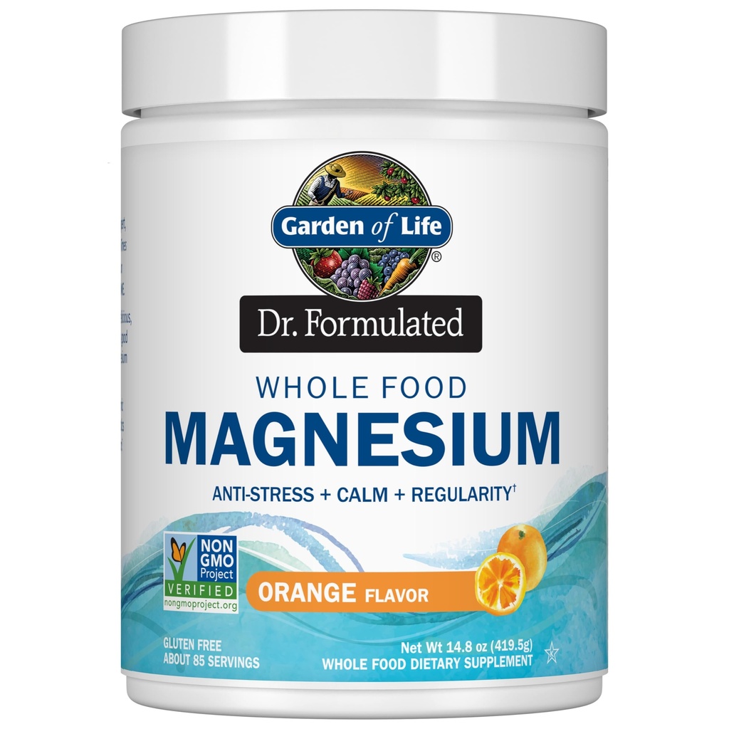Jardín de la Vida Dr. Fórmulada Magnesio Alimentario completo 419.5g Polvo - Naranja, Chelated, No-GMO, Vegan, Kosher, Gluten &amp; Sugar Suplemento libre con Probióticos - Mejor para Anti-Estres, Calma y Regularidad