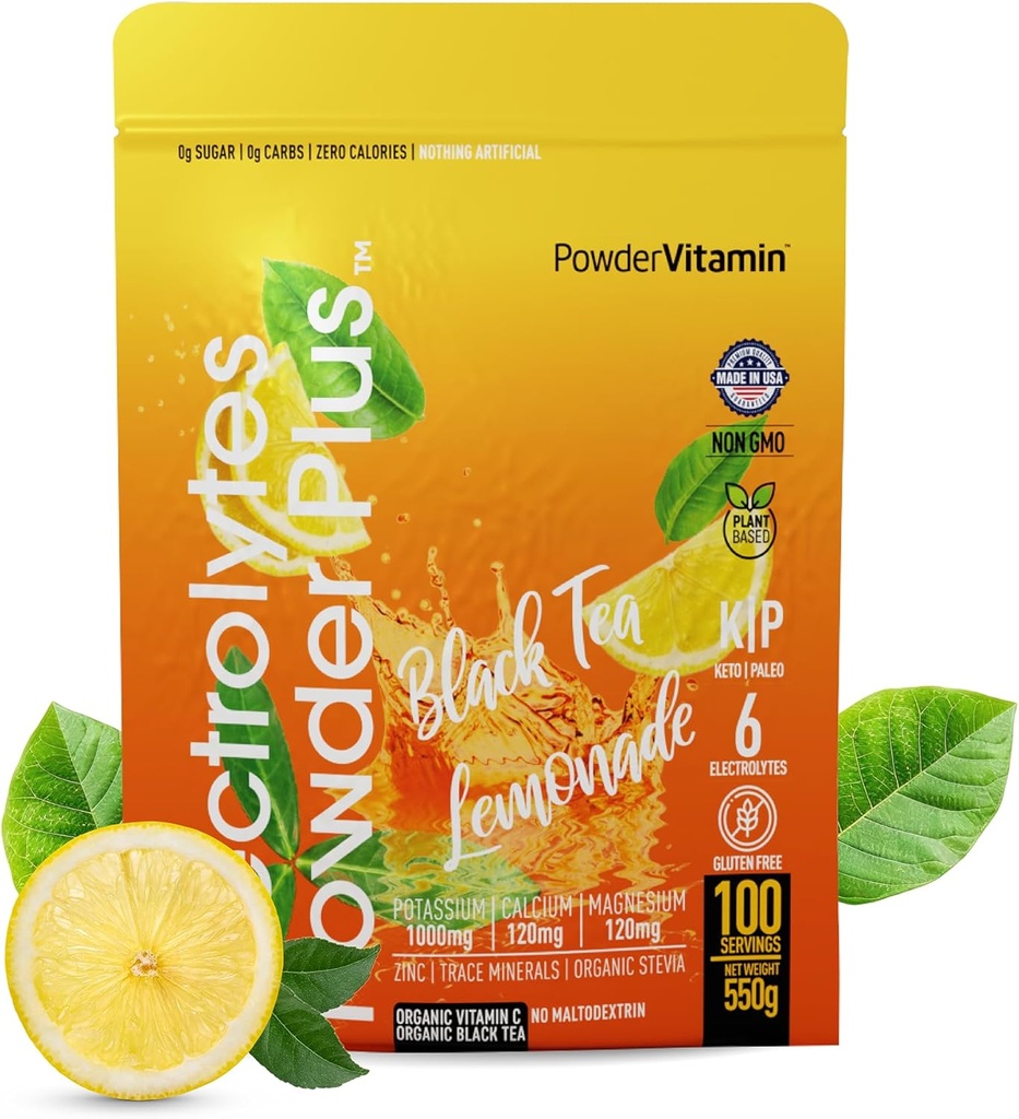 PowderVitamin Electrolytes Powder Plus (100 Servings) Black Tea Lemonade Electrolyte Powder Zero Calorie Keto,0 Azúcar, Sin Maltodextrin,1000mg Potasio, 120 mg de calcio, 120 mg de magnesio, Hidratación Polvo