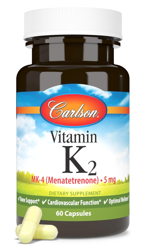 Carlson - Vitamina K2, MK-4 (Menatetrenone), Suplemento Vitamina K, Hueso & Corazón Salud, K2 Vitamina, libre de soja, 60 cápsulas
