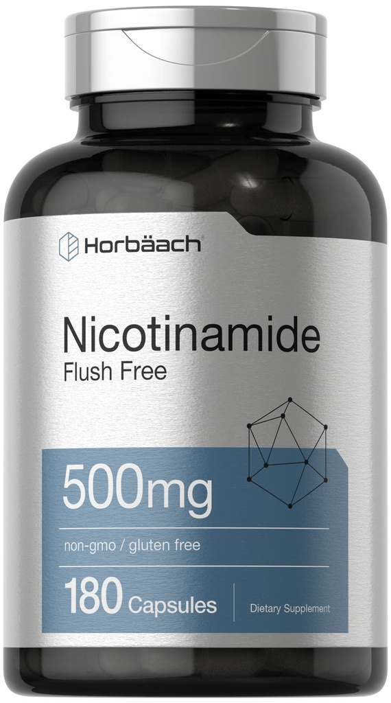 Horbäach Nicotinamide 500mg | 180 Capsules | Flush Free Dietary Supplement | Non-GMO and Gluten Free Vitamin