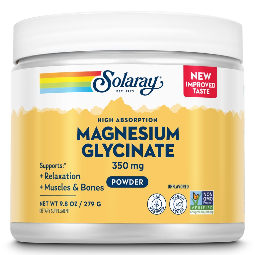 SOLARAY Magnesium Glycinate Powder 350 mg - Unflavored Magnesium Powder - Suplemento de Magnesio para Bone, Muscle y Soporte de Relajación - Vegan, No GMO, Garantía de 60 días - 50 Serviciones, 6 OZ