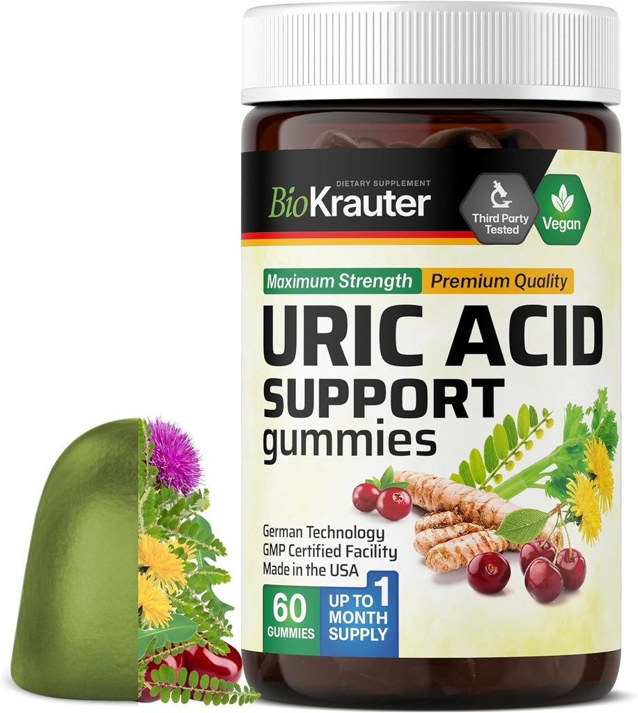 BIO KRAUTER Uric Acid Support Gummies - 60 Chews Vegan - Uric Acid Support w/Tart Cherry & Chanca Piedra 4:1 Extractos - Suplemento Natural del Riñón w / Esteto de Milk y Turmeric